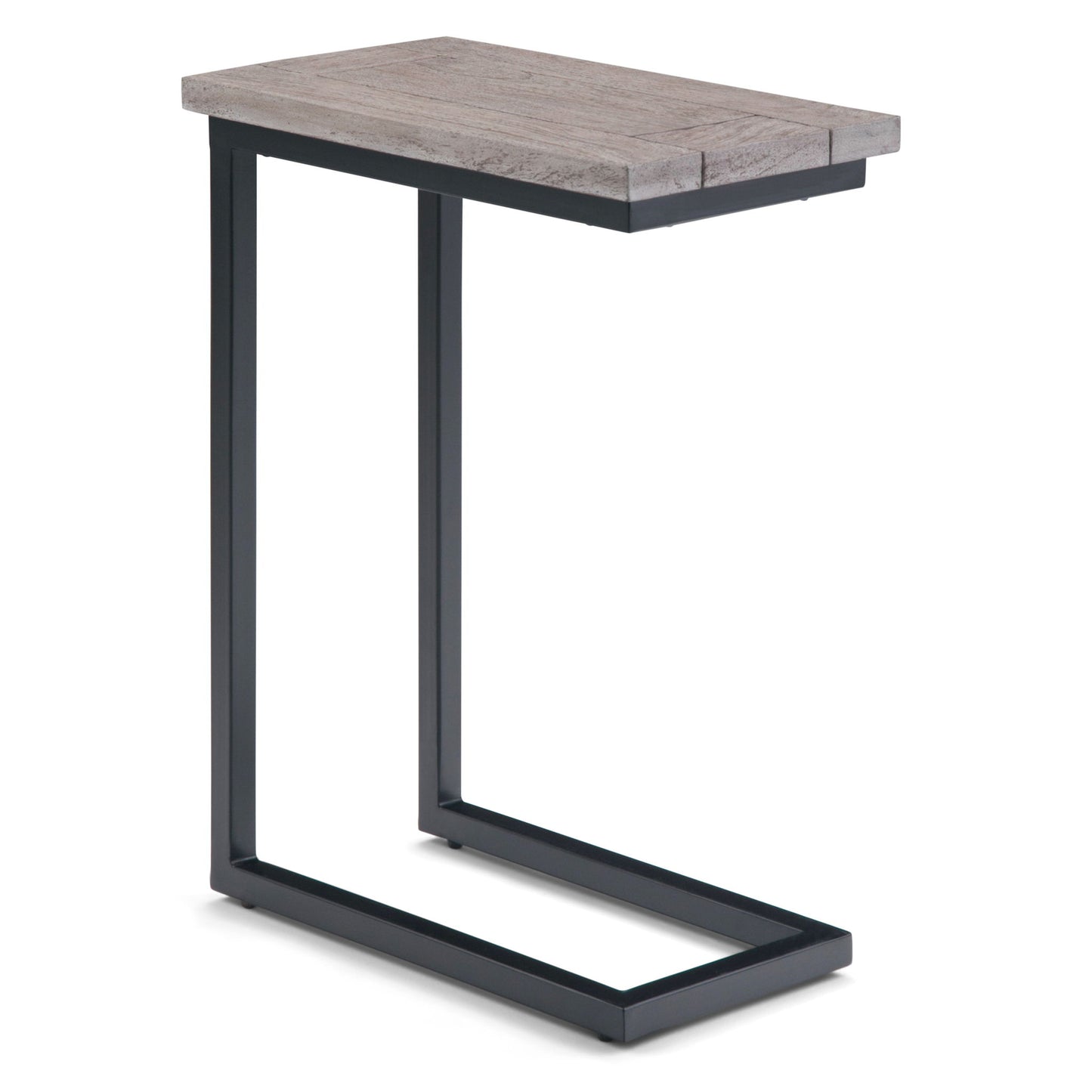 The Skyler Handcrafted C Side Table features a light wood top and black metal frame, designed to slide easily under furniture for added convenience.