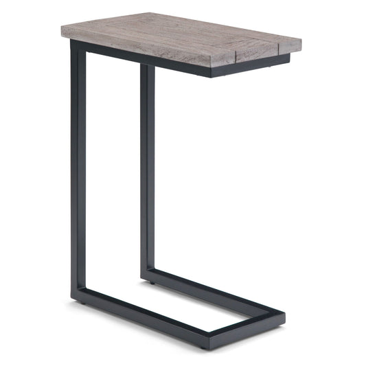 The Skyler Handcrafted C Side Table features a light wood top and black metal frame, designed to slide easily under furniture for added convenience.