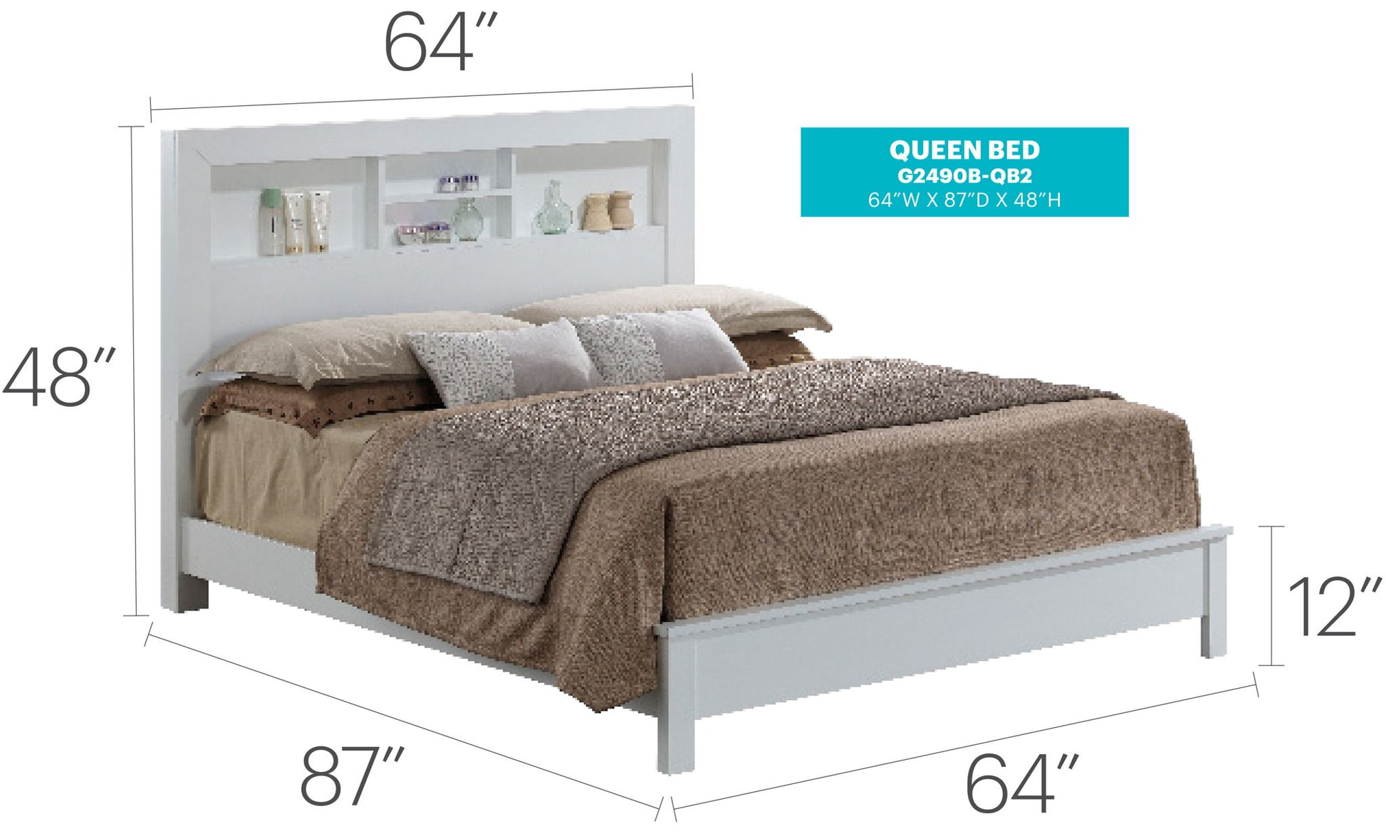 The Bed With Transitional Design Stylish is a white queen bed with a tall 48" headboard featuring open shelves, neutral bedding, and pillows. It measures 64" wide, 87" long, with a 12" high footboard.