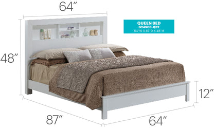 The Bed With Transitional Design Stylish is a white queen bed with a tall 48" headboard featuring open shelves, neutral bedding, and pillows. It measures 64" wide, 87" long, with a 12" high footboard.
