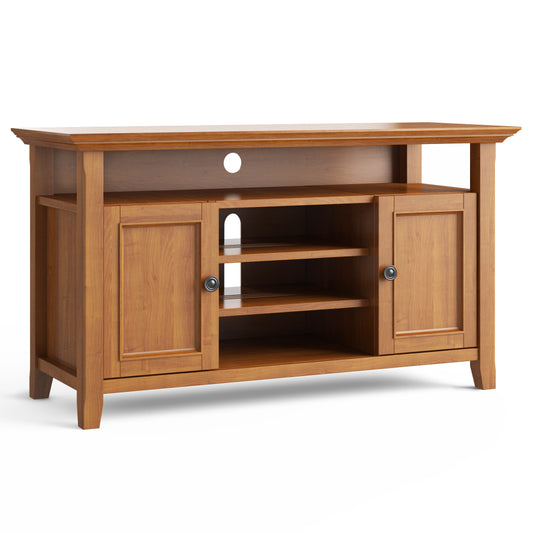 The Amherst - TV Media Stand, Handcrafted, features a natural wood finish, two side cabinets, three open center shelves, a rear cable management hole, and a simple modern design.