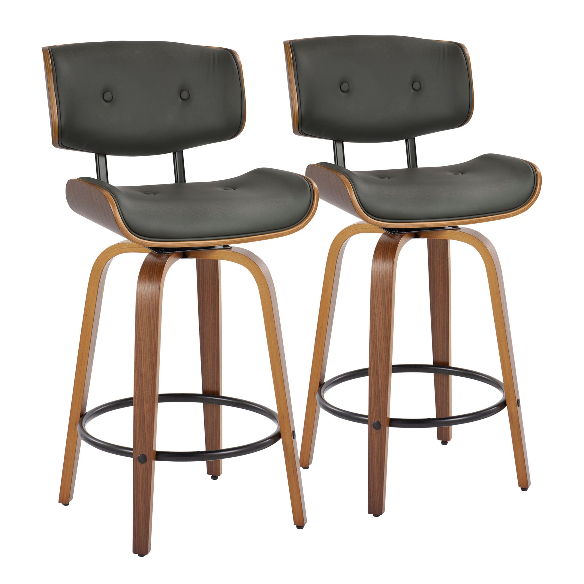 A set of two Lombardi mid-century modern counter stools with swivel features, dark green cushioned seats and backs, wooden frames with curved legs, and a circular metal footrest for a stylish finish.