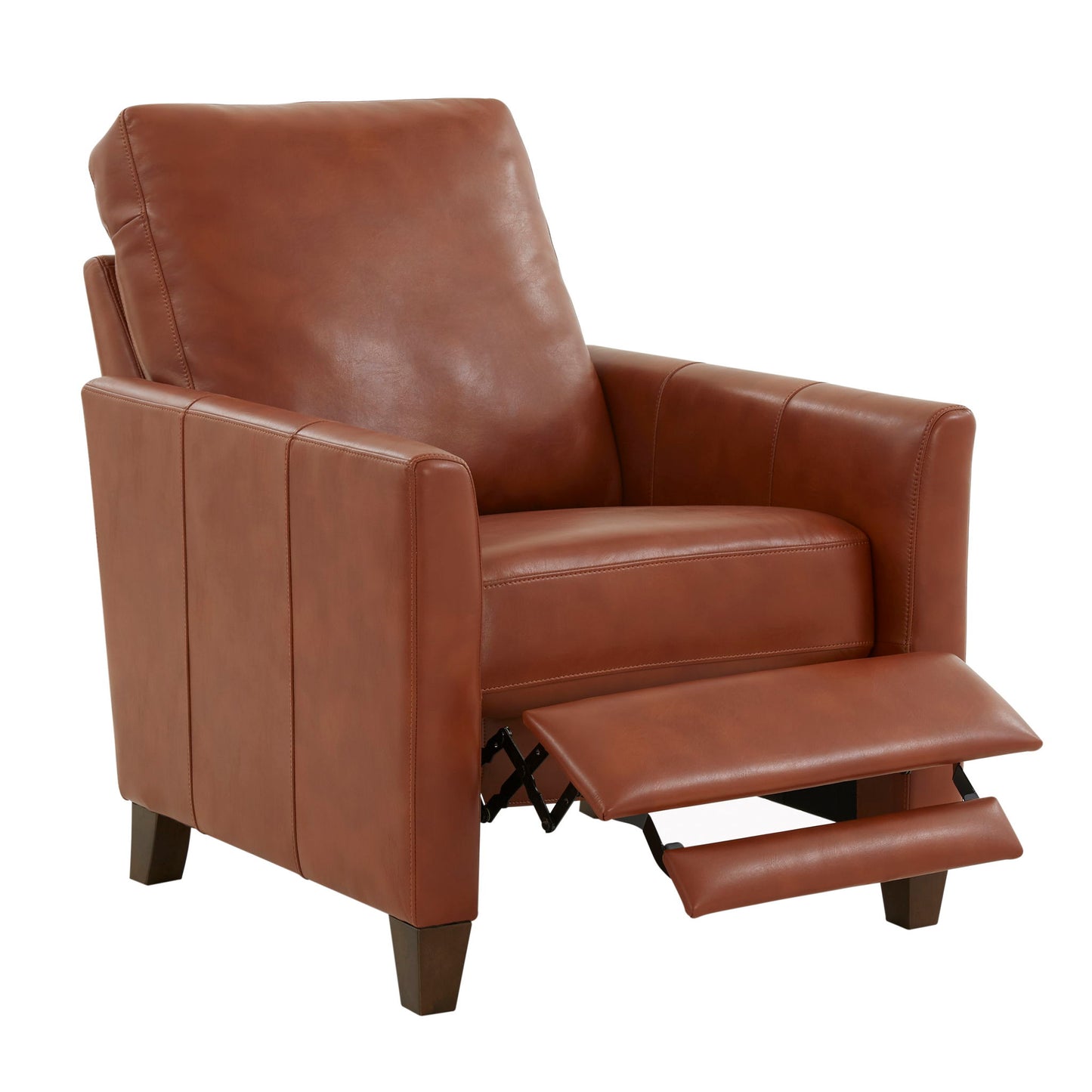 The Pablo - Modern Recliner With Manual Recline is a brown leather chair featuring padded armrests and an extended footrest, shown against a white background.