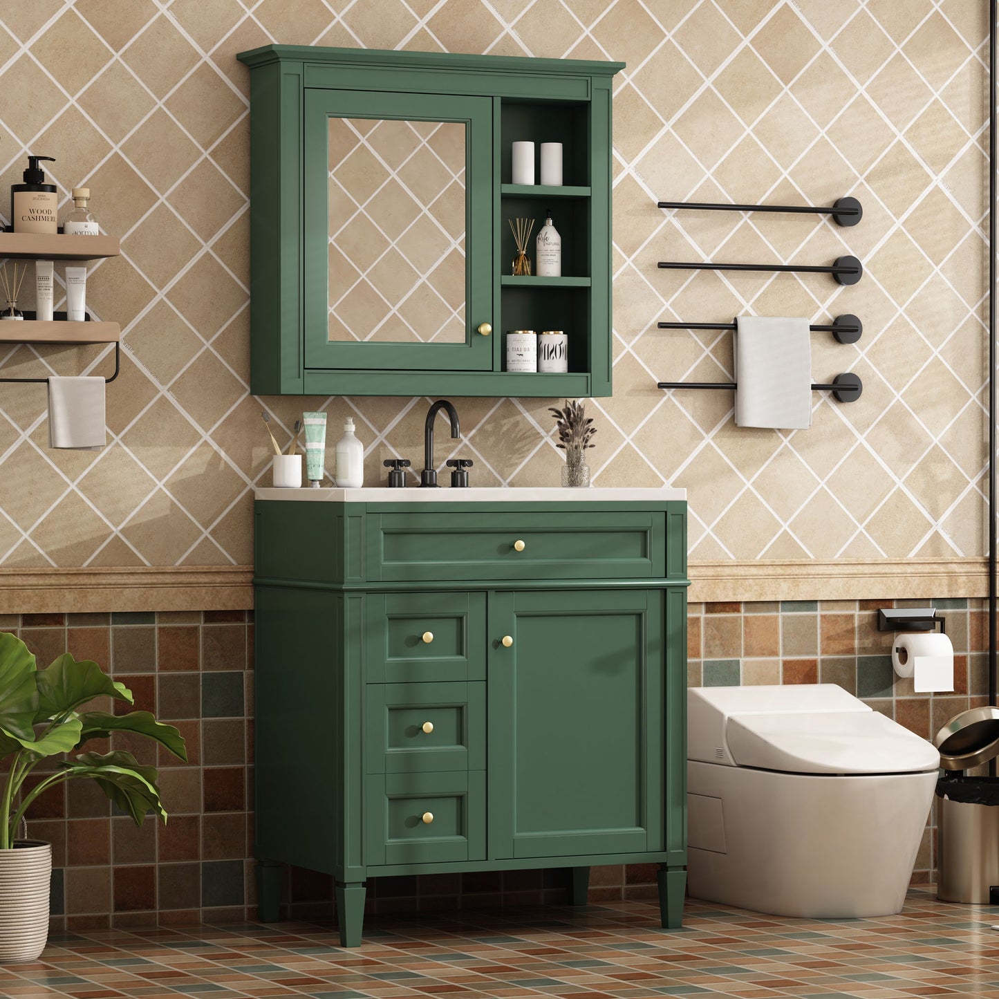 Bathroom Vanity With Medicine Cabinet, Royal Mirror Cabinet, Modern Bathroom Storage Cabinet With 2 Soft Closing Doors And 4 Drawers