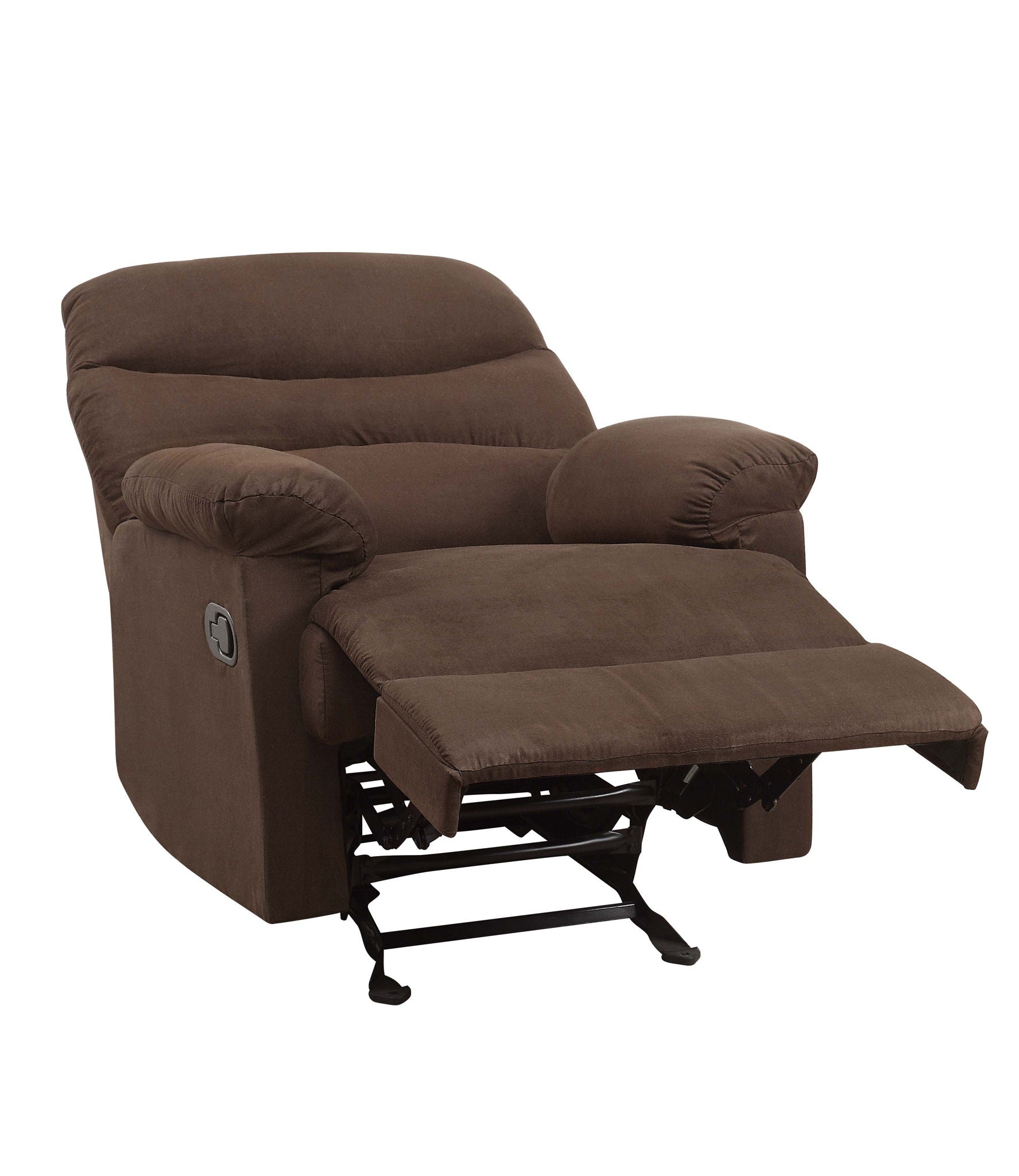 The Arcadia Micro Motion Glider Recliner, shown in brown upholstery, features padded armrests and an extended footrest, displayed here partially reclined.