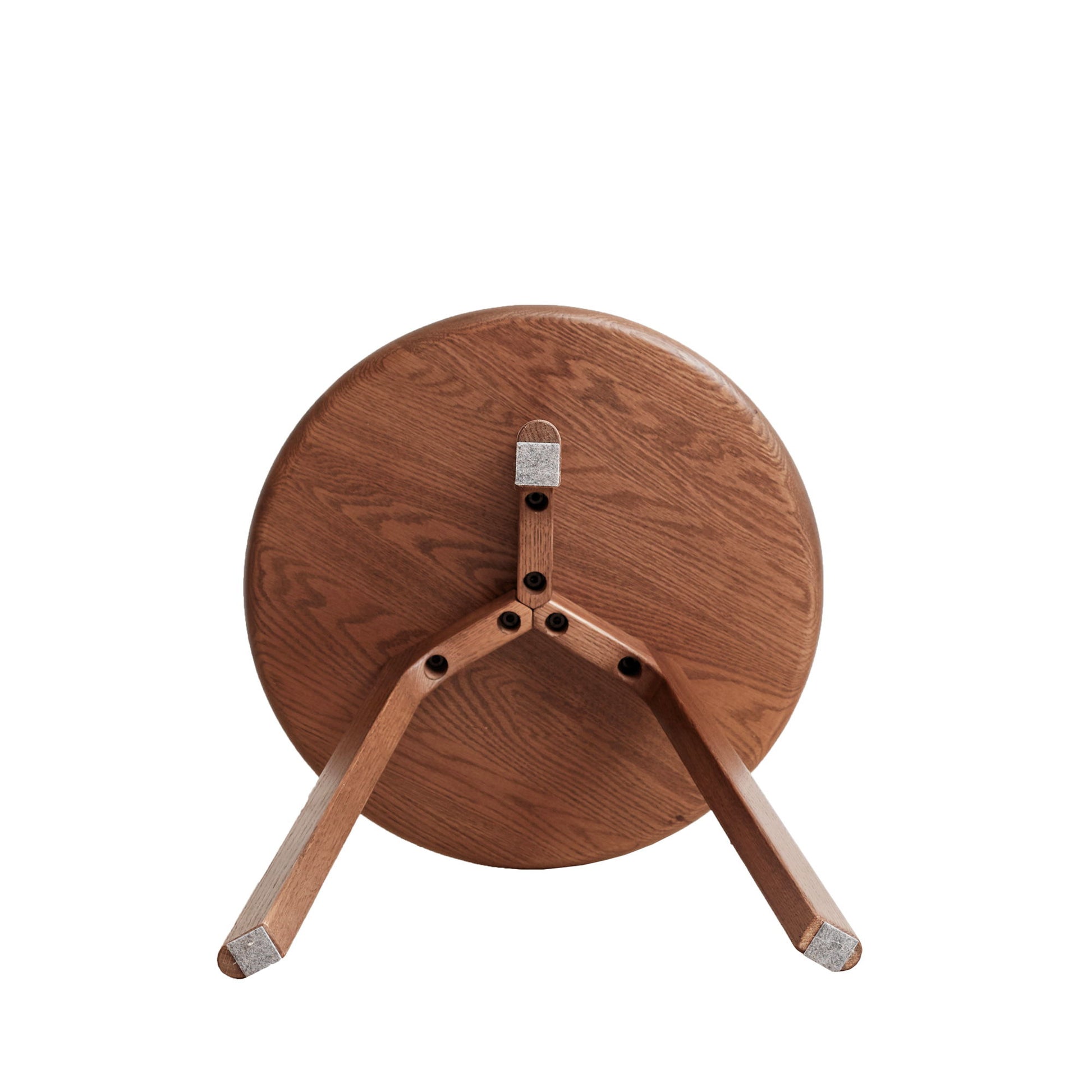 The Round Small End Table, Side Table For Bedroom & Balcony, features a round wooden tabletop with three angled legs attached underneath, shown from below against a white background.