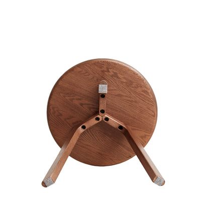 The Round Small End Table, Side Table For Bedroom & Balcony, features a round wooden tabletop with three angled legs attached underneath, shown from below against a white background.