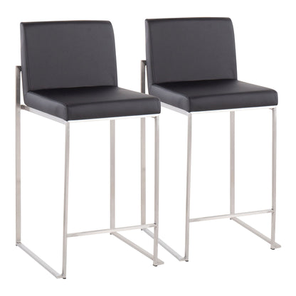 The Fuji Contemporary High Back Counter Stool features a minimalist, modern design with a black rectangular seat and back, sleek silver metal frame, and footrest—perfect for any contemporary space.
