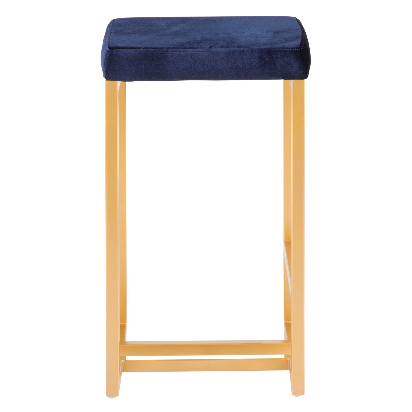 The Midas Contemporary/Glam Counter Stool (Set of 2) features a gold metal frame and a square, dark blue cushioned seat, showcased from the front against a white background.