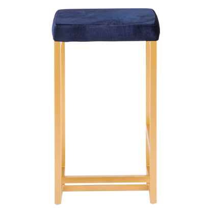 The Midas Contemporary/Glam Counter Stool (Set of 2) features a gold metal frame and a square, dark blue cushioned seat, showcased from the front against a white background.