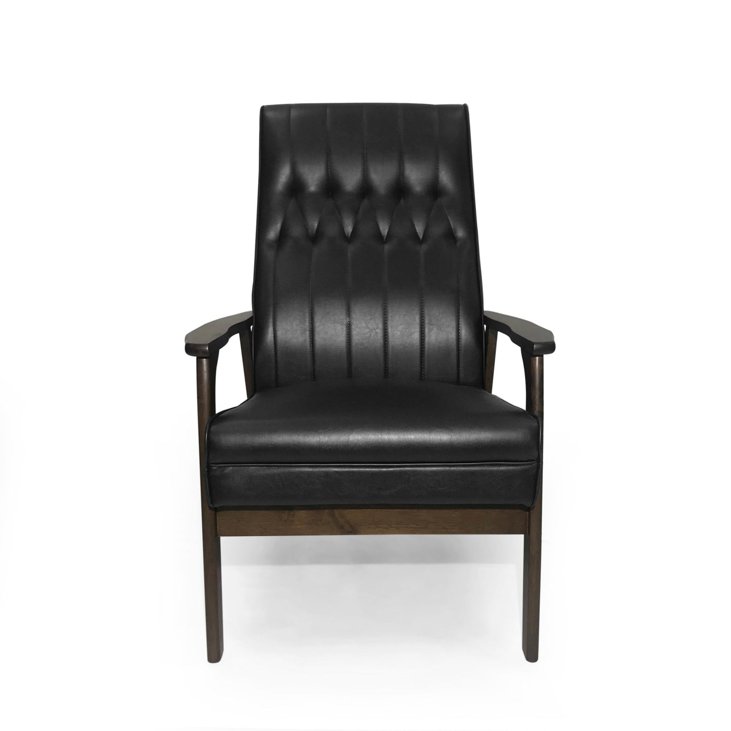 The Mid Century Modern Upholstered Accent Chair features black leather upholstery, a tufted backrest, wooden armrests, and a dark wooden frame, displayed from the front against a plain white background.