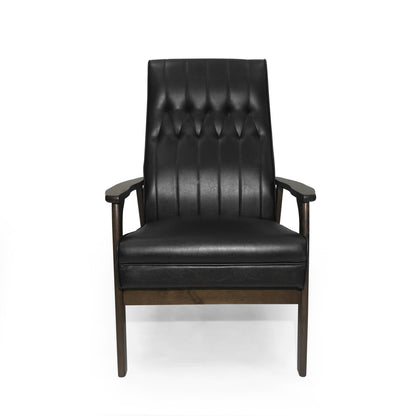 The Mid Century Modern Upholstered Accent Chair features black leather upholstery, a tufted backrest, wooden armrests, and a dark wooden frame, displayed from the front against a plain white background.