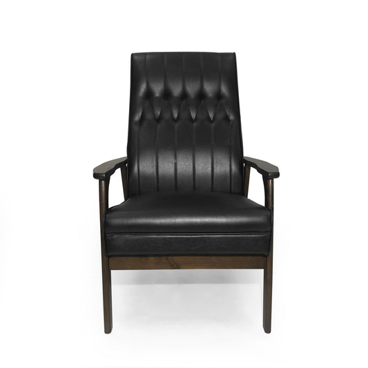 The Mid Century Modern Upholstered Accent Chair features black leather upholstery, a tufted backrest, wooden armrests, and a dark wooden frame, displayed from the front against a plain white background.
