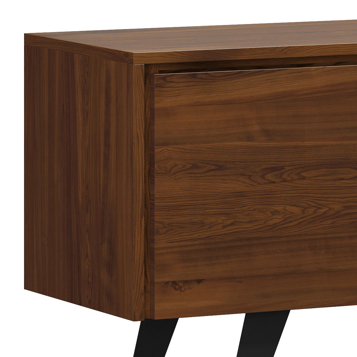 A close-up view of the corner of the Lowry Handcrafted TV Media Stand, featuring a natural wood grain finish and two angled black legs.