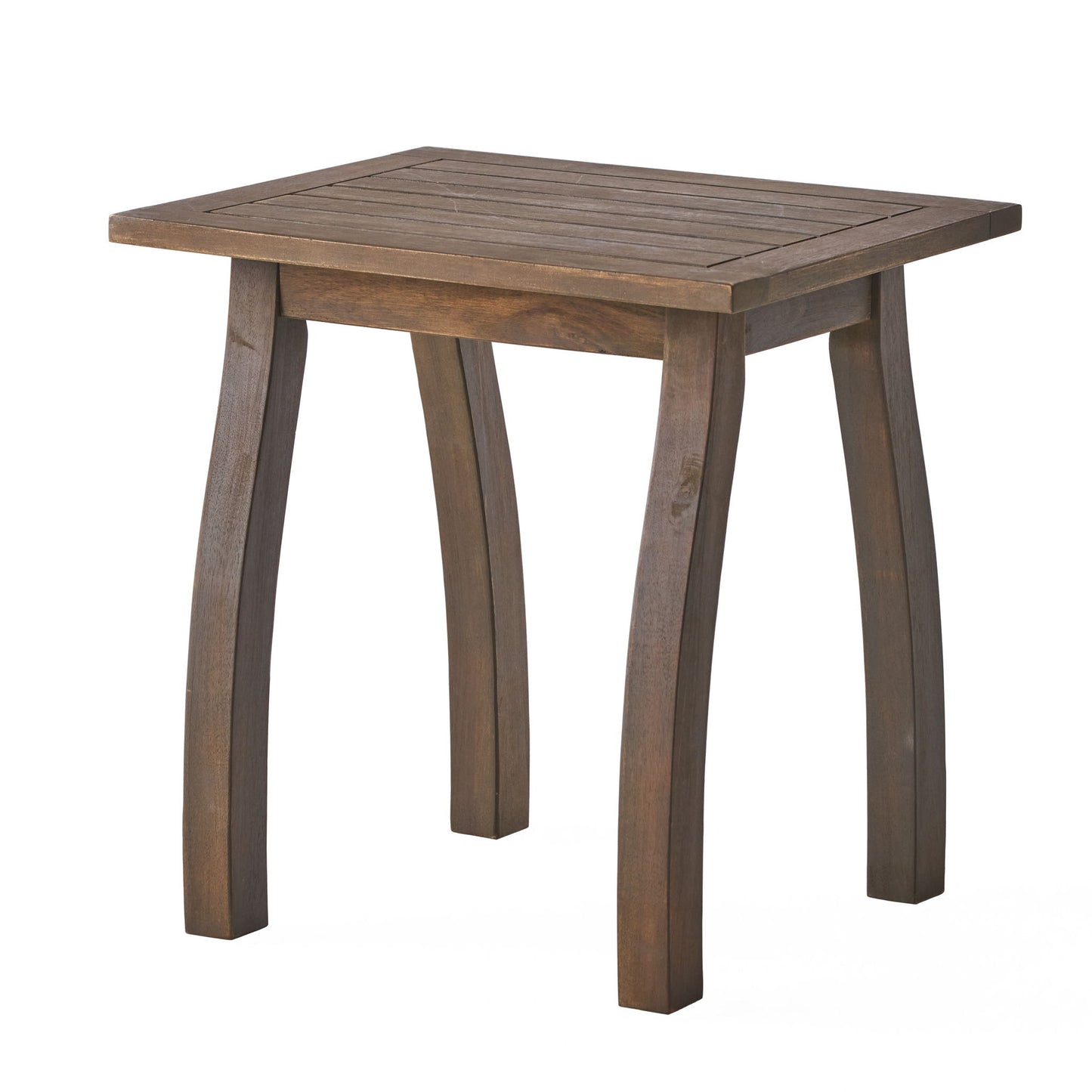 The Kinesis Outdoor Side Table features a slatted rectangular top and four slightly curved legs, all crafted from wood, shown against a plain white background.