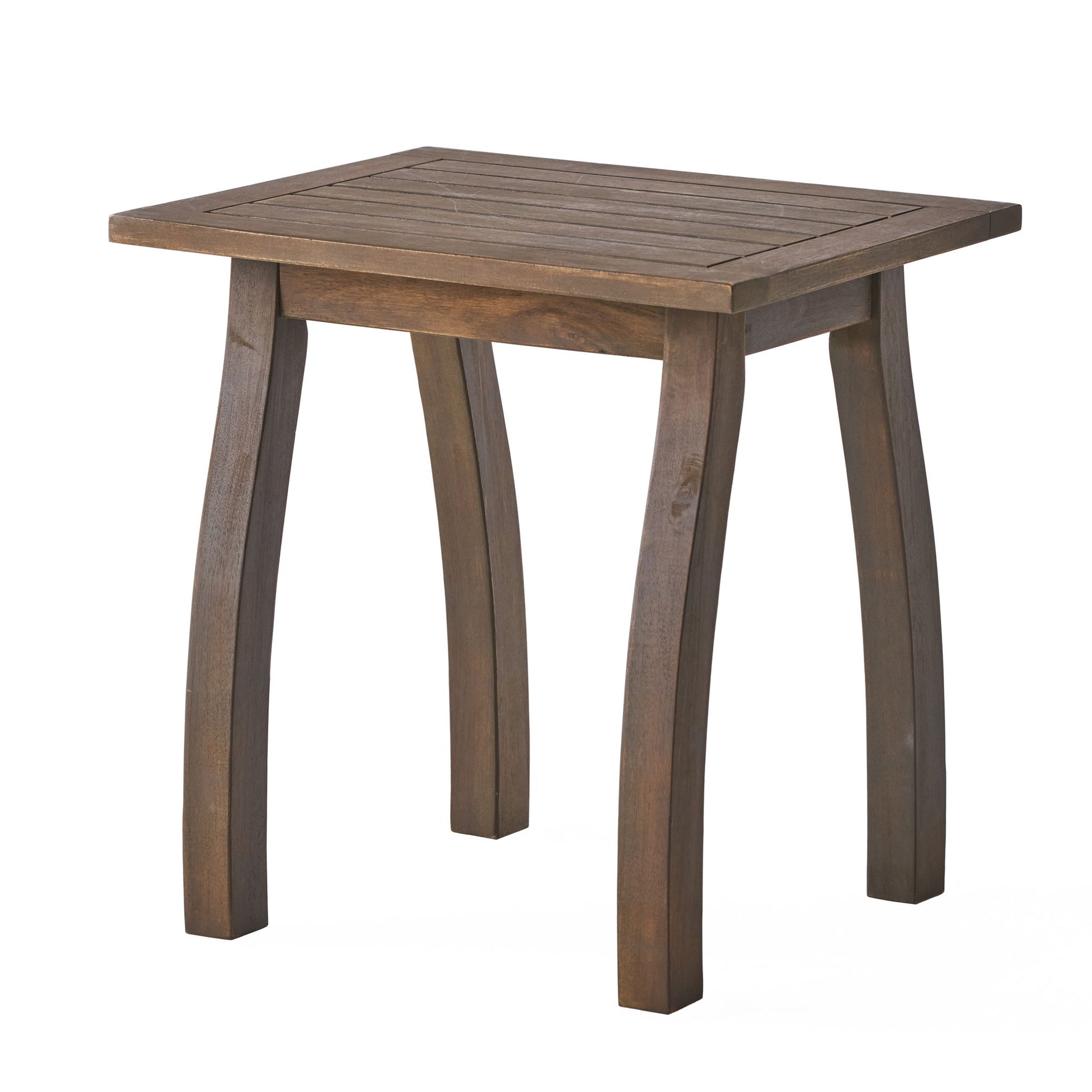 The Kinesis Outdoor Side Table features a slatted rectangular top and four slightly curved legs, all crafted from wood, shown against a plain white background.