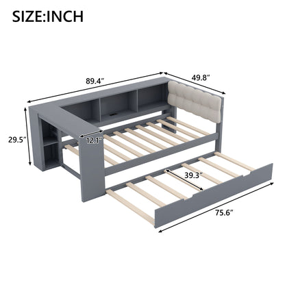 Upholstered Headboard Platform Bed With Storage Shelves, Trundle, Charging Station