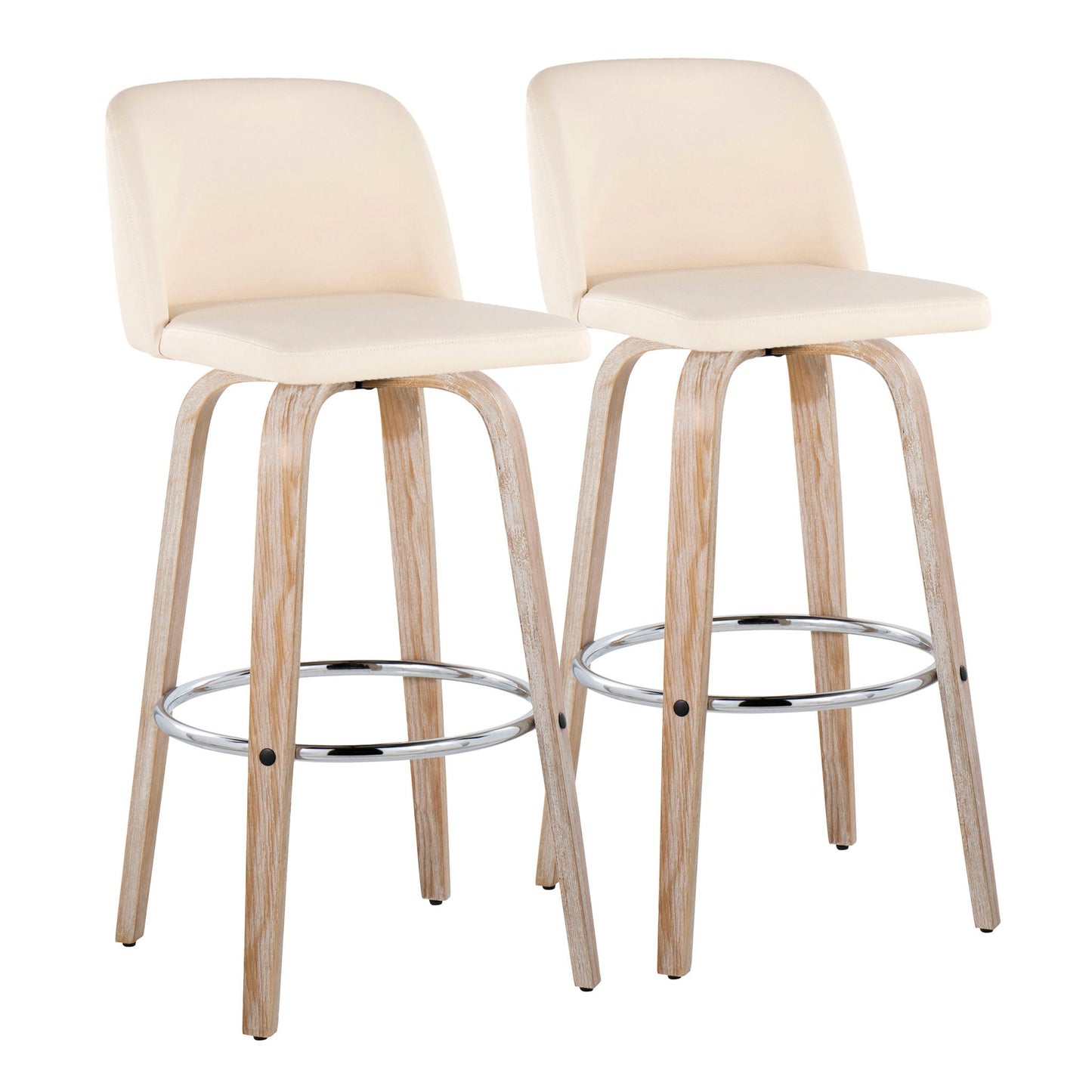 The Toriano Contemporary Fixed Height Barstools (set of 2) feature cushioned beige seats, curved backs, light wood legs with a natural finish, and chrome round footrests. Swivel design adds modern style and comfort to your space.