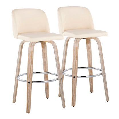 The Toriano Contemporary Fixed Height Barstools (set of 2) feature cushioned beige seats, curved backs, light wood legs with a natural finish, and chrome round footrests. Swivel design adds modern style and comfort to your space.