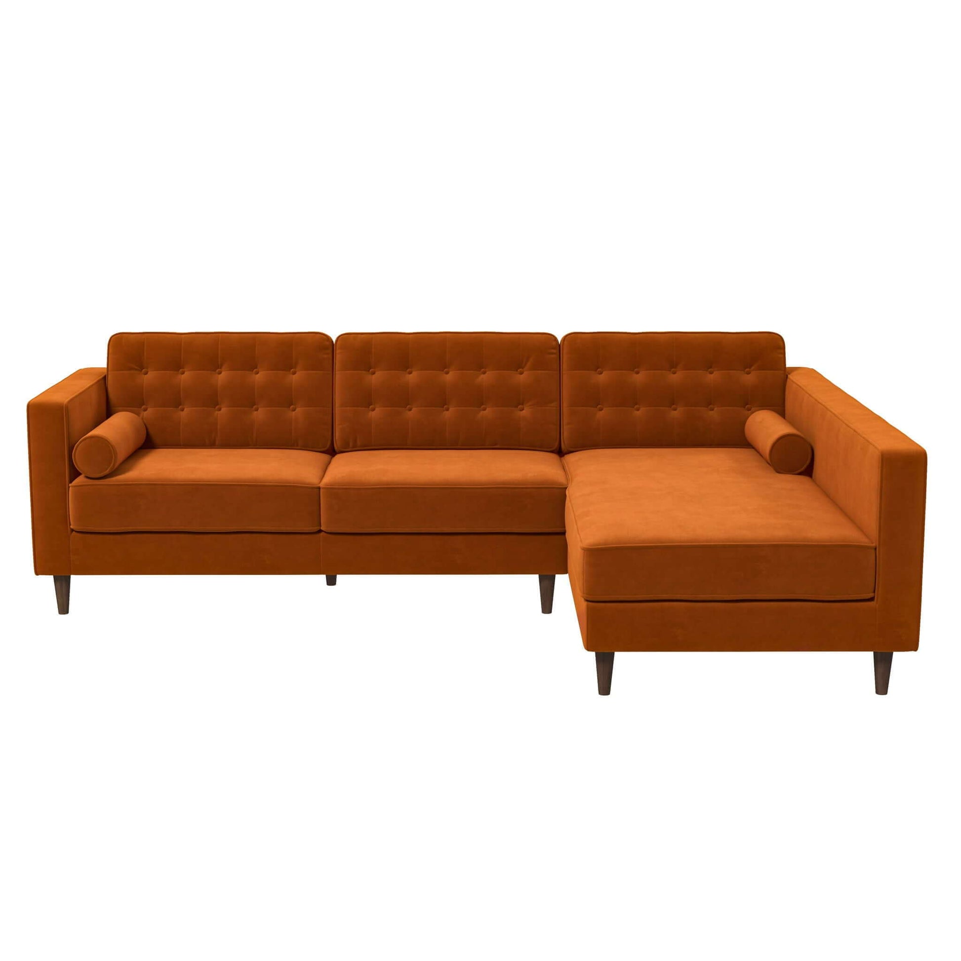 The Christian Mid-Century Modern Design Sectional Sofa features a soft, velvety orange fabric, tufted back cushions, right-facing chaise lounge, square arms, wood legs, and includes two cylindrical bolster pillows.