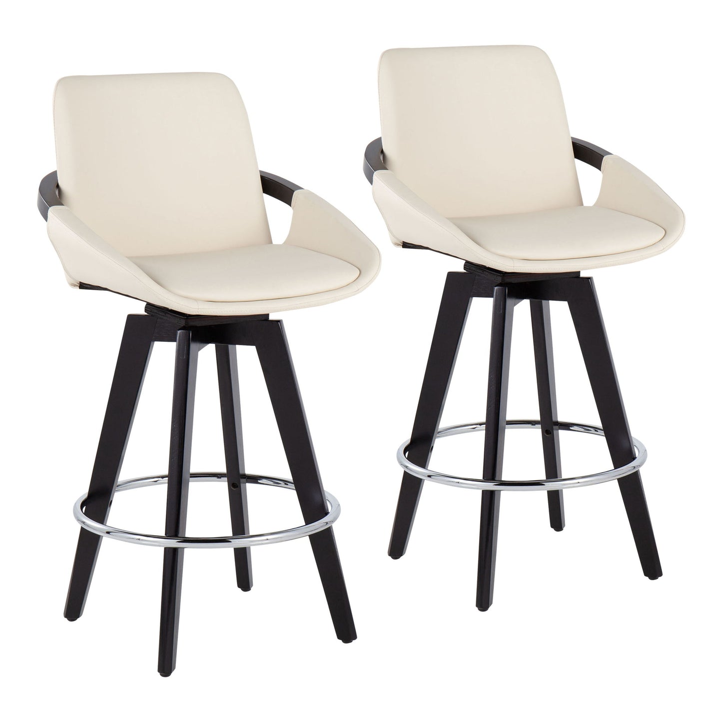 Set of 2 Cosmo Contemporary Fixed Height Counter Stools feature cream cushioned seats and backrests, black wooden legs, swivel function, and round chrome footrests, shown side by side against a white background.