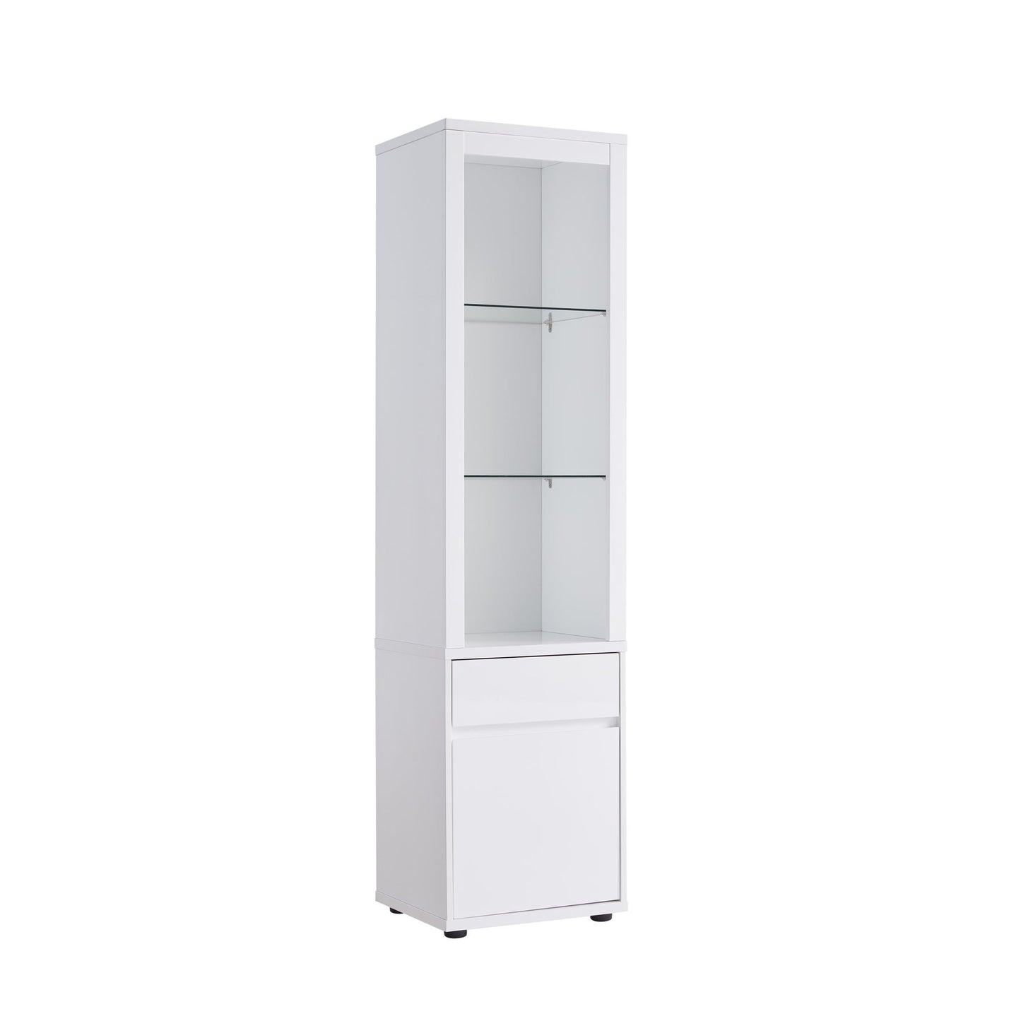 The Modern Wine Showcasing Cabinet features clean lines in a tall, white design with two glass shelves above and a solid lower section including a drawer and cabinet, displayed against a plain white background.