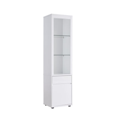 The Modern Wine Showcasing Cabinet features clean lines in a tall, white design with two glass shelves above and a solid lower section including a drawer and cabinet, displayed against a plain white background.