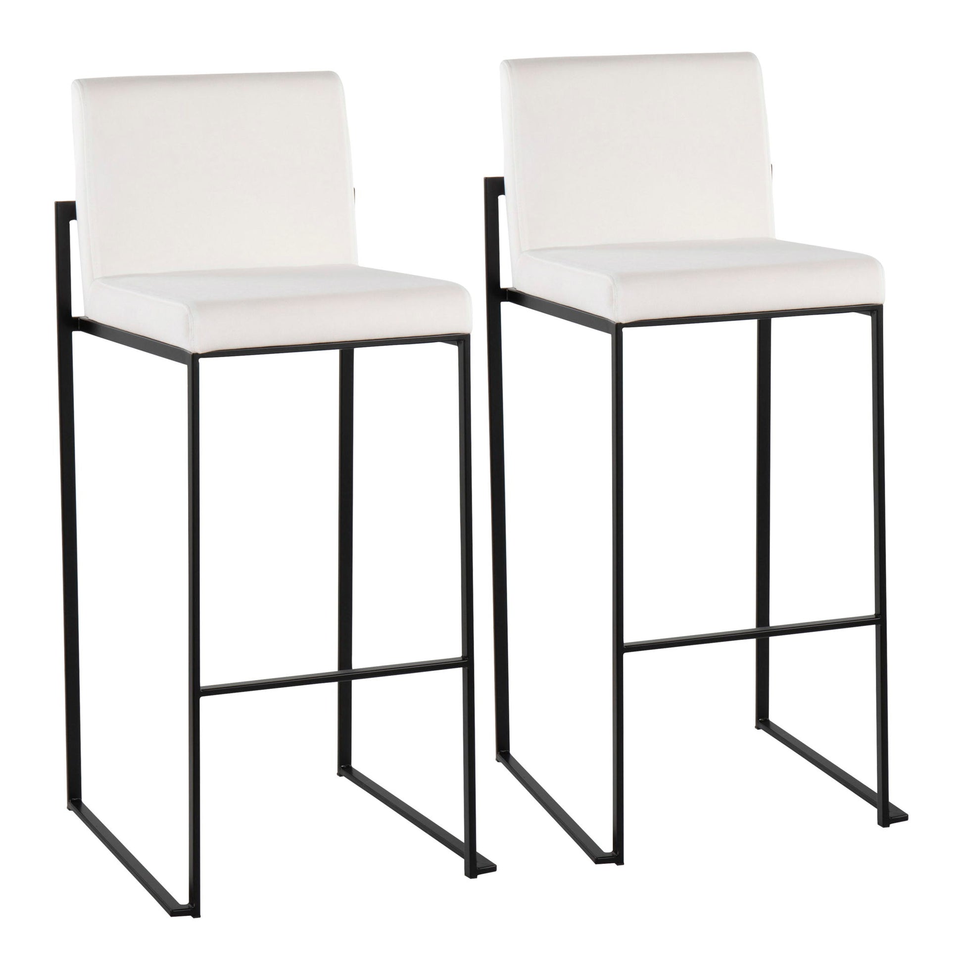 Two Fuji Contemporary High Back Barstools with white cushioned seats and backs, sleek black metal frames, and footrests, elegantly designed and placed side by side on a white background.