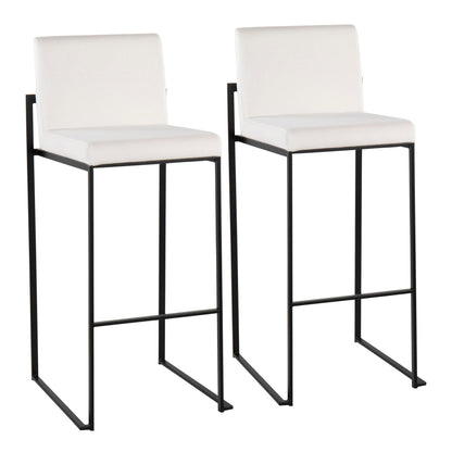 Two Fuji Contemporary High Back Barstools with white cushioned seats and backs, sleek black metal frames, and footrests, elegantly designed and placed side by side on a white background.