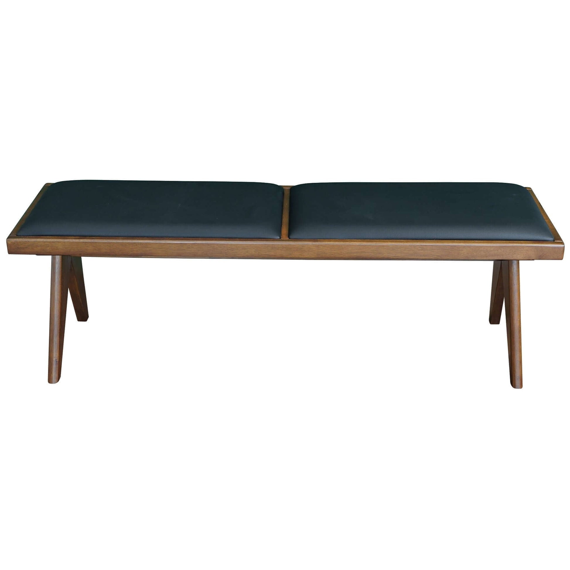 The Keira - Modern Aesthetics Bench features four angled wooden legs and two black cushioned seats, displayed against a plain white background.