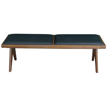 The Keira - Modern Aesthetics Bench features four angled wooden legs and two black cushioned seats, displayed against a plain white background.