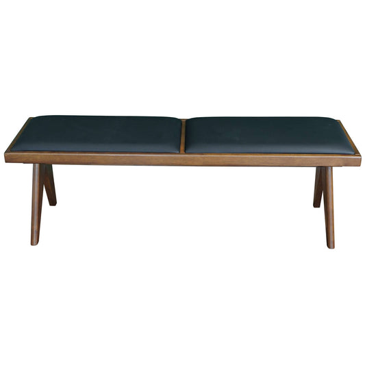 The Keira - Modern Aesthetics Bench features four angled wooden legs and two black cushioned seats, displayed against a plain white background.