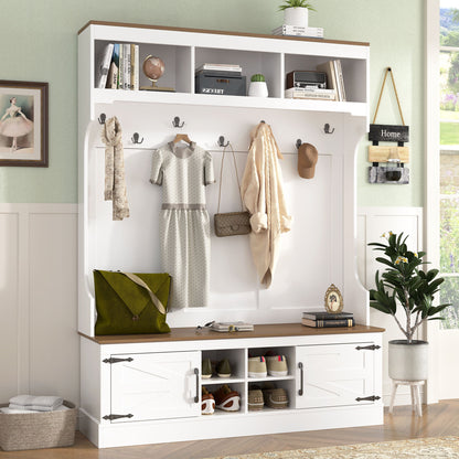Hall Tree With Bench And Shoe Storage, 5 In 1 Entryway Organizer Cabinet With Coat Rack, 4 Shoe Cubbies & 7 Hooks - White