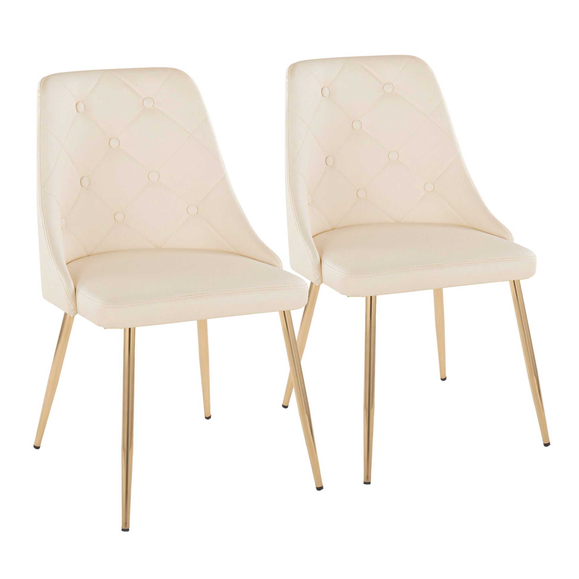 The Giovanni - Contemporary Elegant Design Dining Chair (Set of 2) features cream tufted upholstery and gold metal legs, shown side by side on a white background.