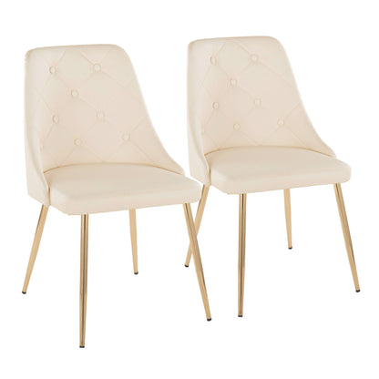 The Giovanni - Contemporary Elegant Design Dining Chair (Set of 2) features cream tufted upholstery and gold metal legs, shown side by side on a white background.