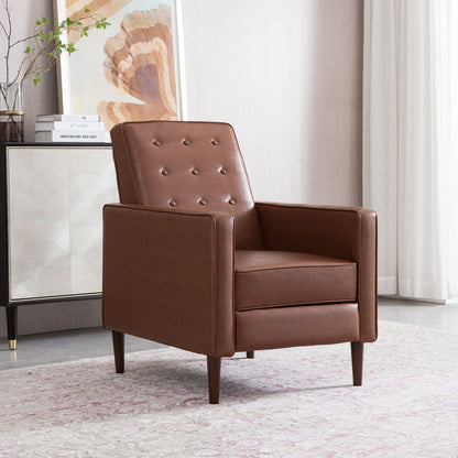 A Mid-Century Modern Recliner With Button Tufted Waffle Stitch sits on a light patterned rug in a bright room, placed next to a cabinet decorated with art and a plant.