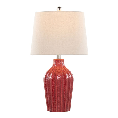 The Rockwell - Contemporary Table Lamp (Set of 2) features a textured red ceramic base paired with a large off-white fabric lampshade.