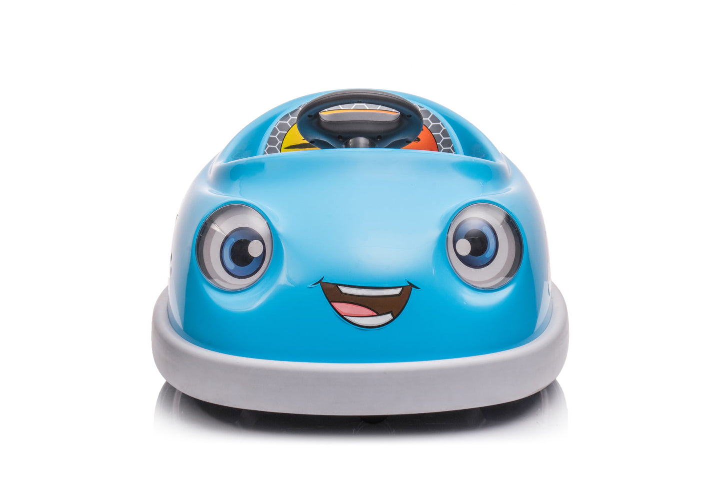 A blue Bumper Car For Kids (12V, for ages 1-6) with a smiling face, large cartoon eyes, and a steering wheel on top is shown against a white background. Features include pushrod, dinner plate, USB/Bluetooth music, and anti-collision bumper.
