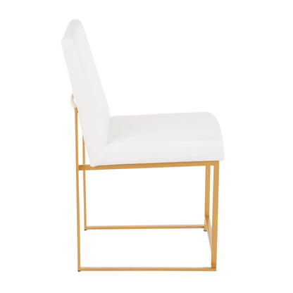Side view of the Fuji Contemporary Stylish Frame High Back Dining Chair (Set of 2), featuring a white cushioned seat and backrest on a slim gold-colored metal frame for a minimalist, modern look.