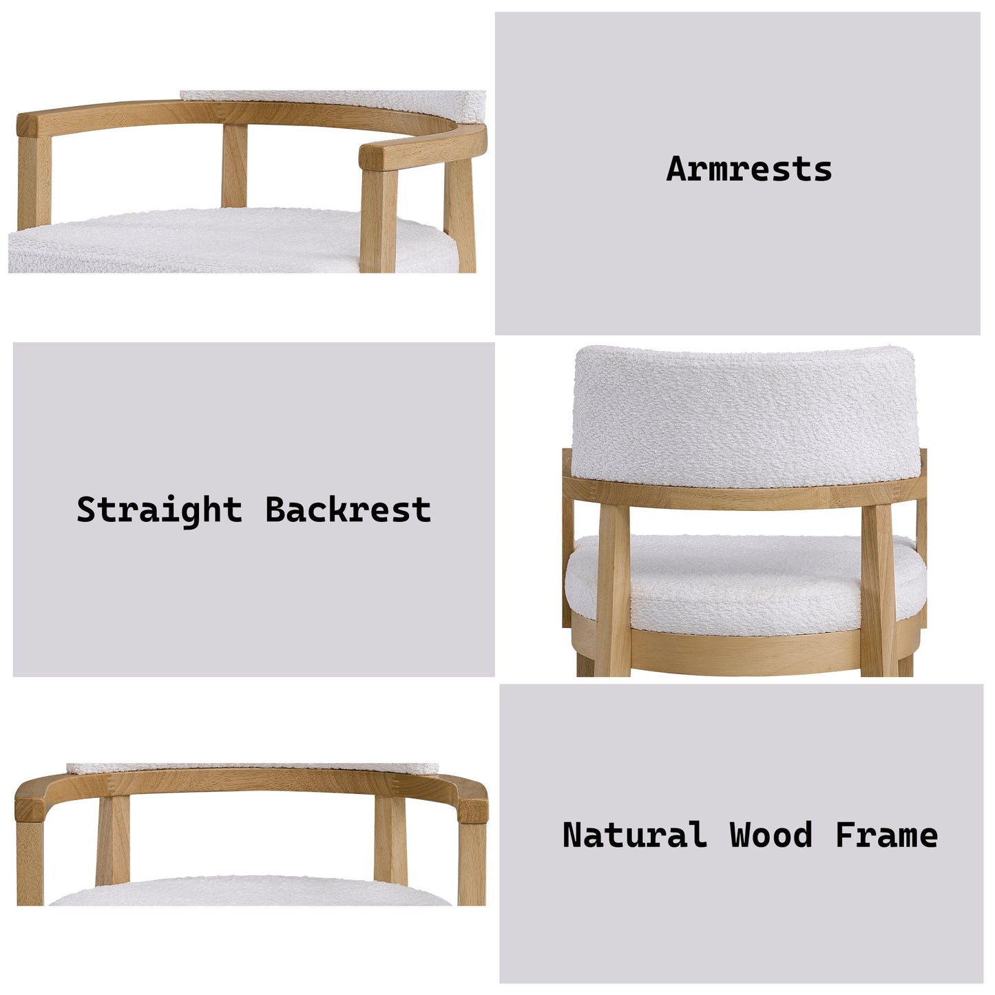 Collage of Kasem - Gorge Fabric Side Chair (Set of 2) in white shows close-ups highlighting "Armrests," "Straight Backrest," and "Natural Wood Frame" features. Modern design with a curved armrest and upholstered seat.