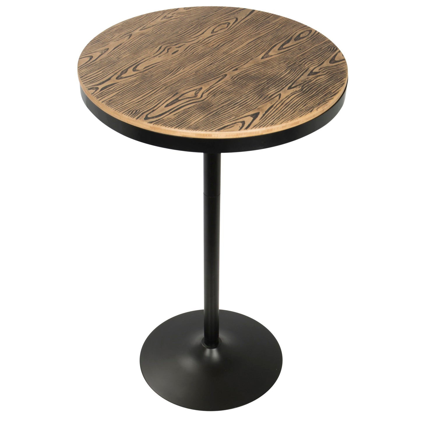 The Dakota - Industrial Adjustable Bar Dinette Table features a round wooden top with a natural wood grain pattern and a sturdy, black circular pedestal base.