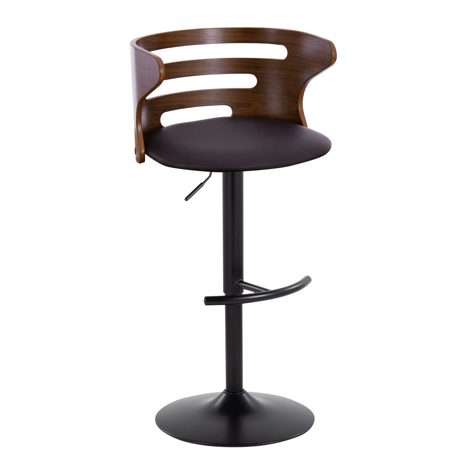 The Cosi - Mid Century Modern Adjustable Barstool features a dark cushioned seat, curved wooden backrest, black pedestal base, swivel function, and rounded T footrest. Set of 2.
