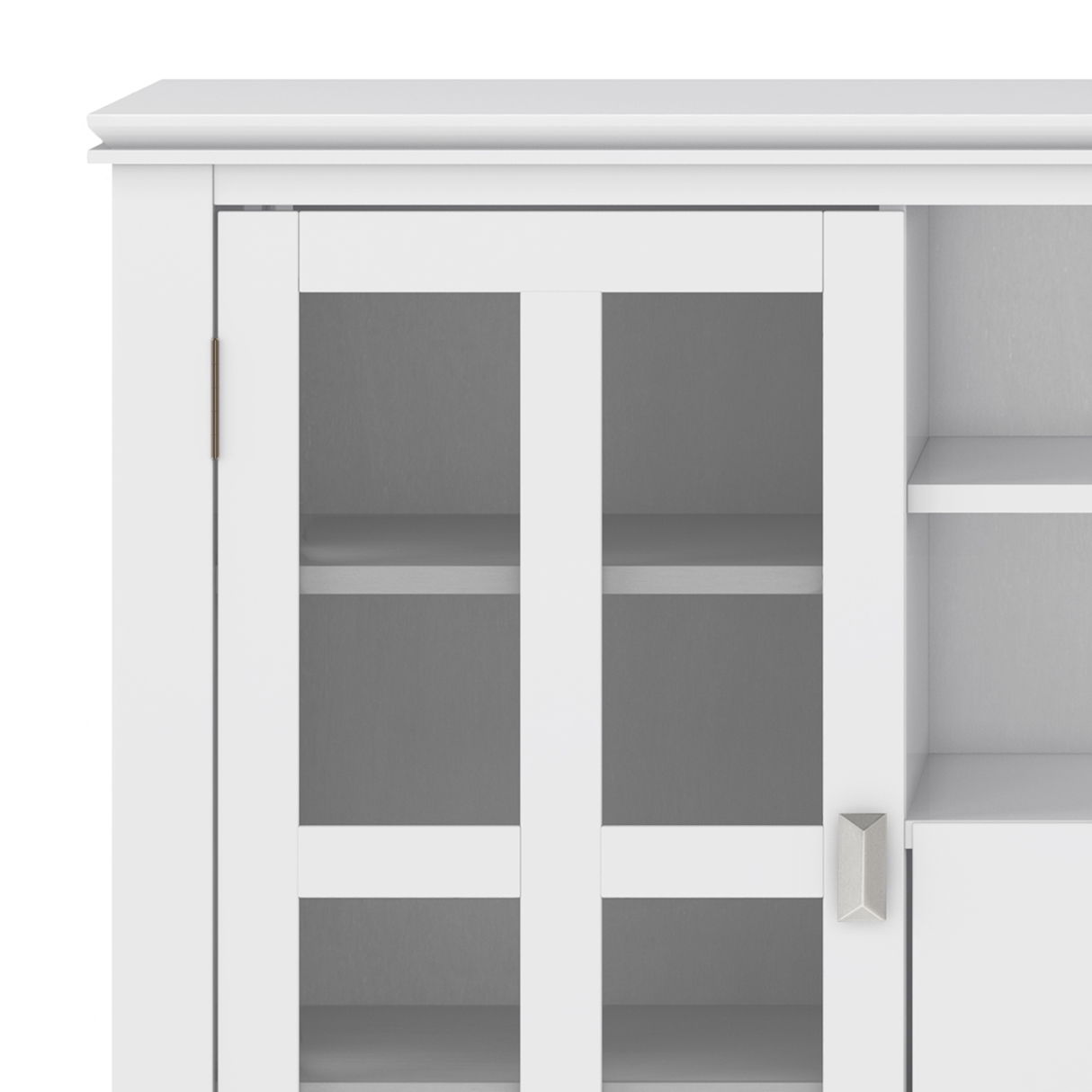 Close-up of the Artisan Handcrafted Tall TV Media Stand, featuring glass-paneled double doors with silver hinges and a metallic handle. Two interior shelves are visible through the glass panes.