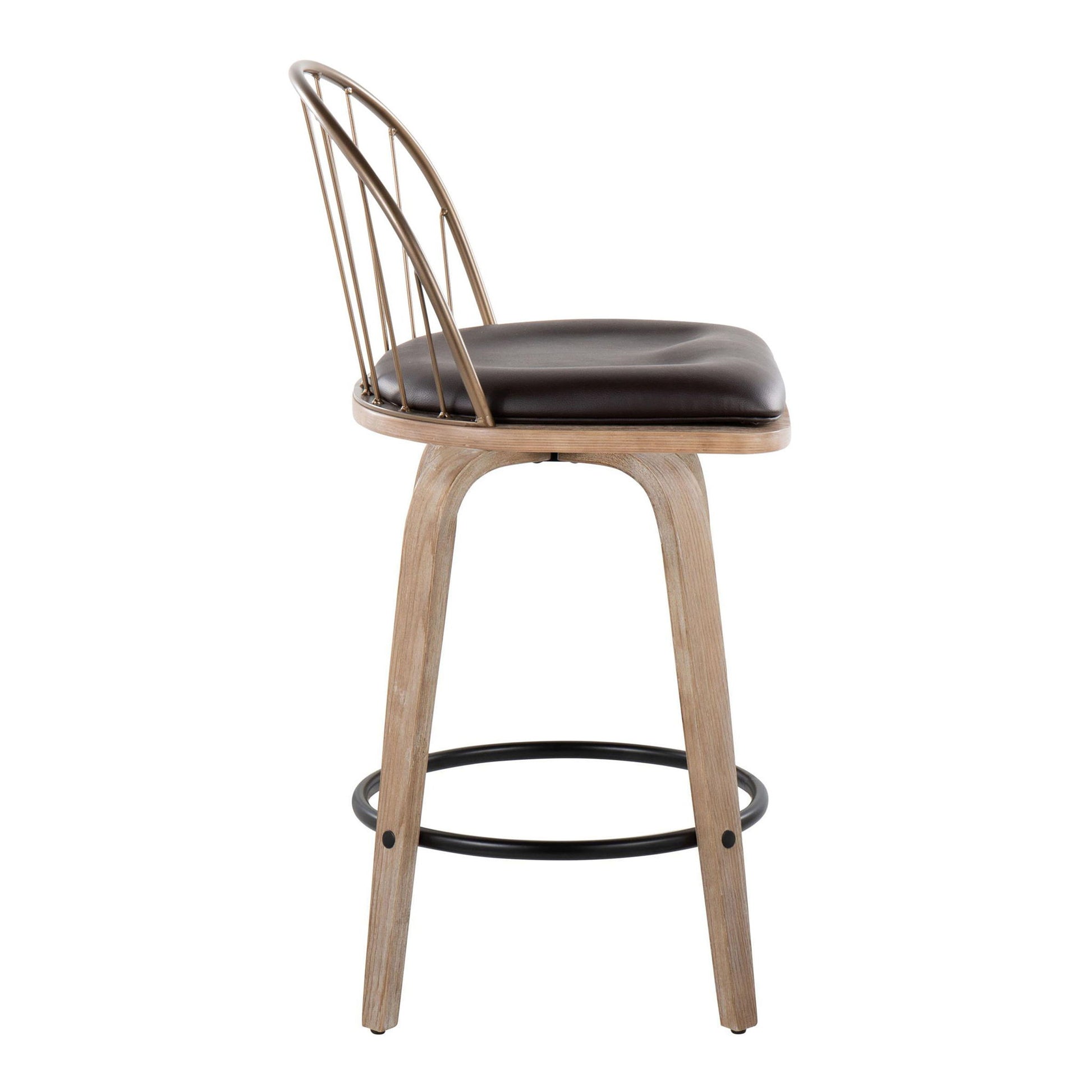 Side view of the Riley Farmhouse Counter Stool set (2) featuring a white washed wooden frame, antique copper metal backrest, brown removable cushion, and a circular black metal footrest.