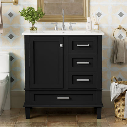 The Modern Bathroom Vanity Combo Set features a solid wood frame, soft closing door, 3 drawers, and a white sink with silver faucets, topped by a mirror. Towels and a wicker laundry basket sit beside it against the tiled wall.