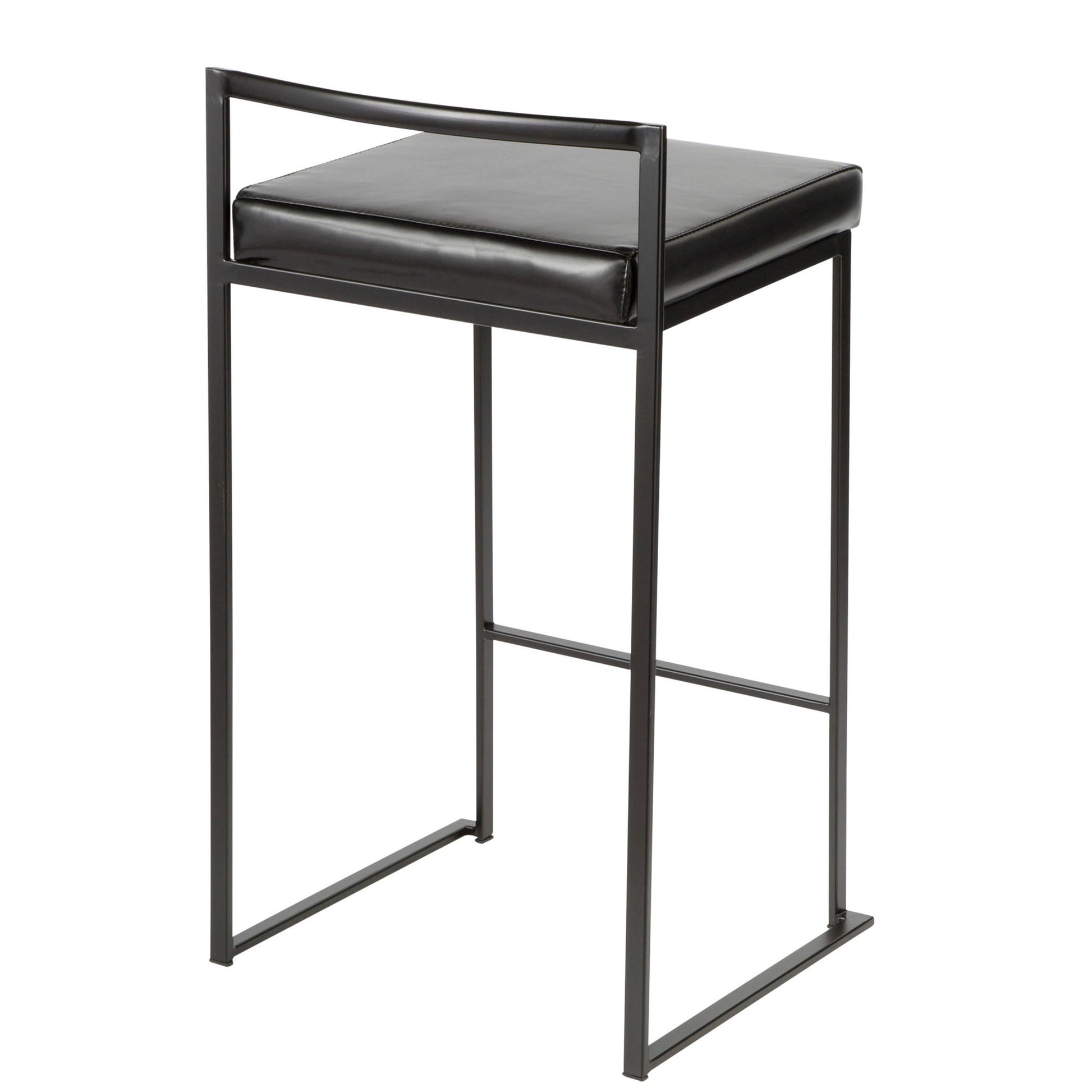 The Fuji - Contemporary Style Stackable Counter Stool features a modern black metal frame, open back design, and a rectangular black cushioned seat.