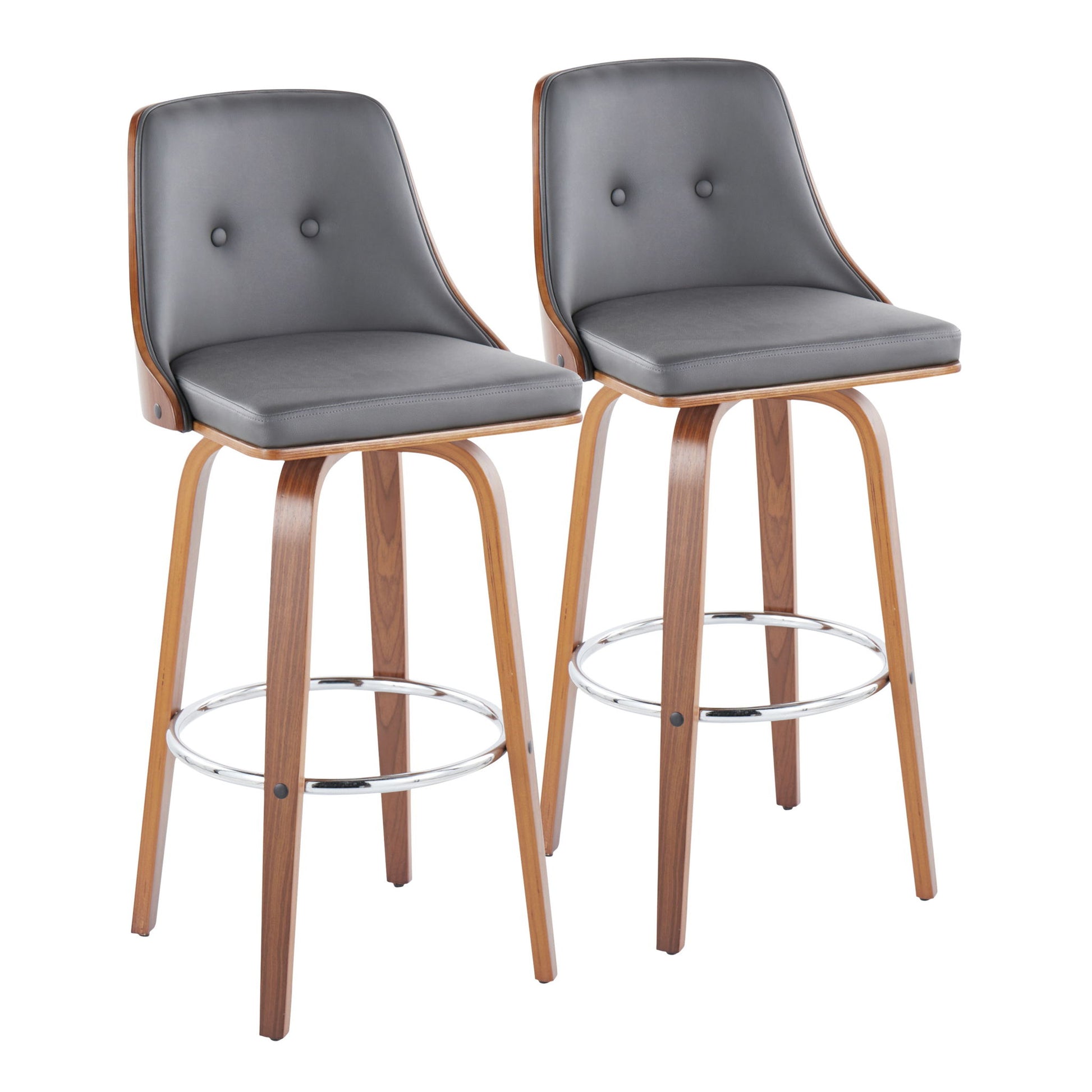 The Gianna Set of 2 Mid Century Modern Fixed Height Barstools features curved wooden legs, round chrome footrests, dark gray cushioned seats and backs with two tufted buttons, and a swivel design.