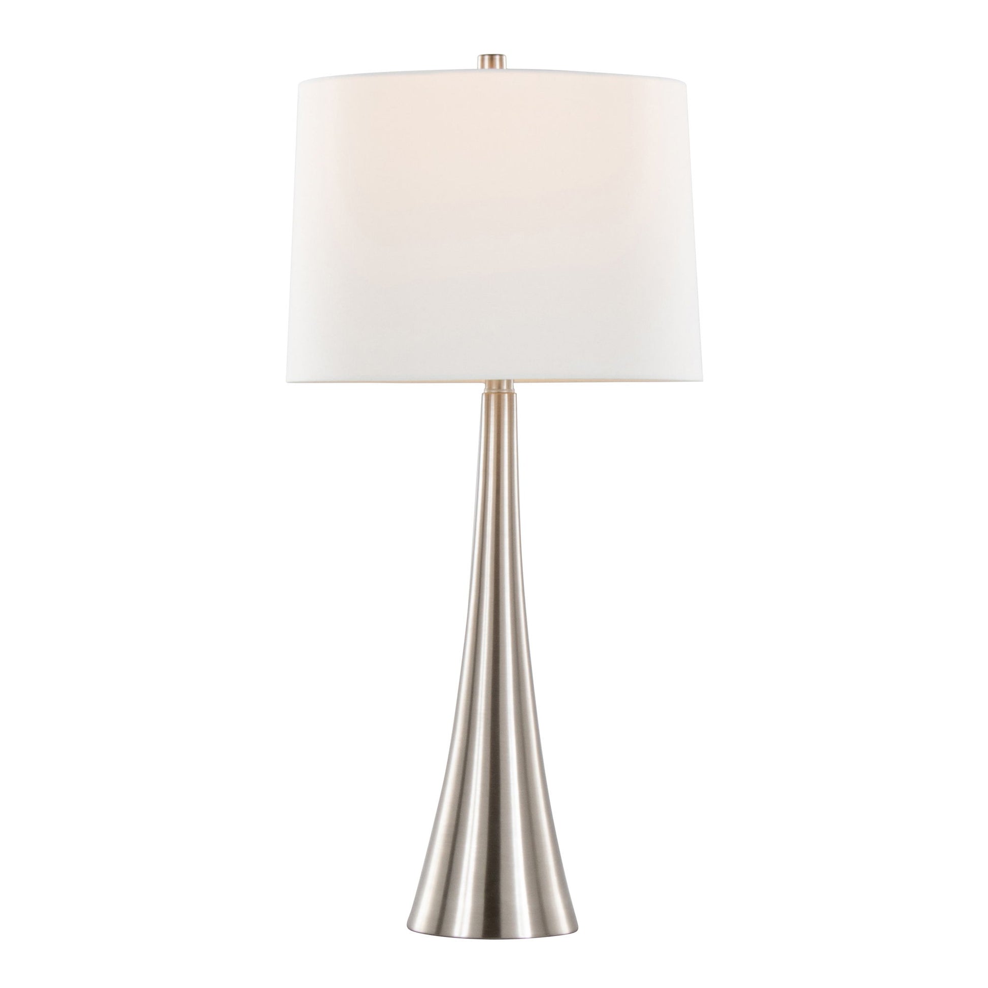 The Diana - Contemporary Table Lamp (Set of 2) features a brushed metal base and a white cylindrical shade, shown upright against a plain white background.