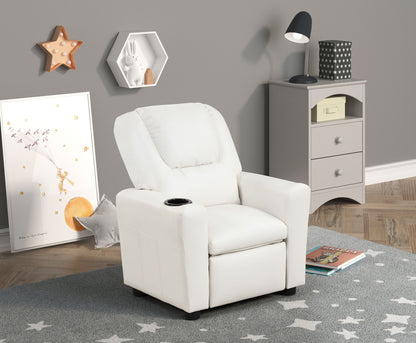 A children's room featuring the Marisa PU Leather Kids Recliner Chair with Cupholder in white, a gray nightstand with a lamp, and star-themed decor like a framed print, wall shelf with bunny, and star rug on wooden flooring.