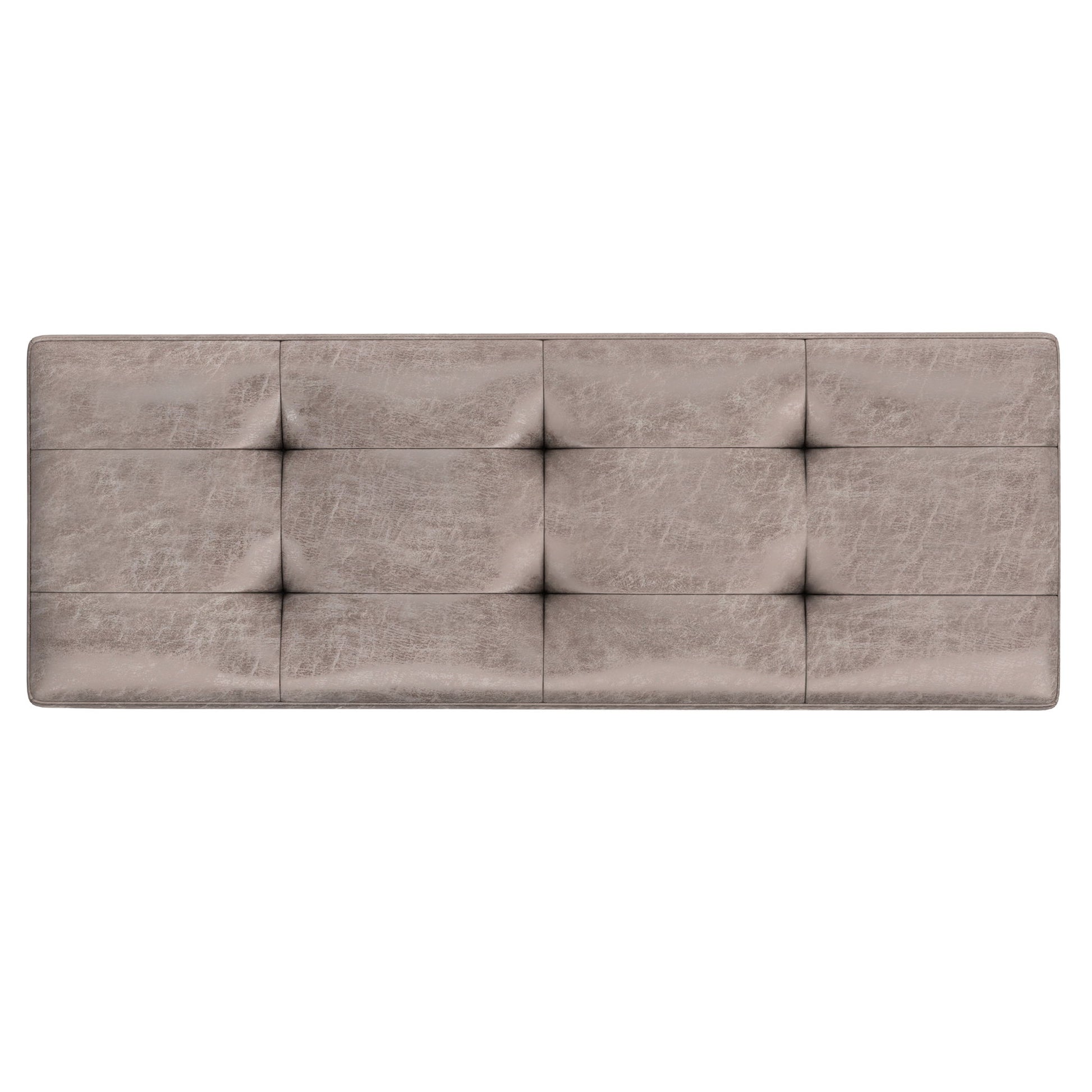 Shay is a large square coffee table storage ottoman in mid-century style, featuring padded upholstery in light grey faux leather with a tufted, grid-like pattern of nine sections.
